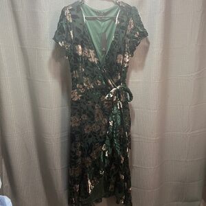 Emerald Green Floral Velvet Burnout Wrap Midi Dress